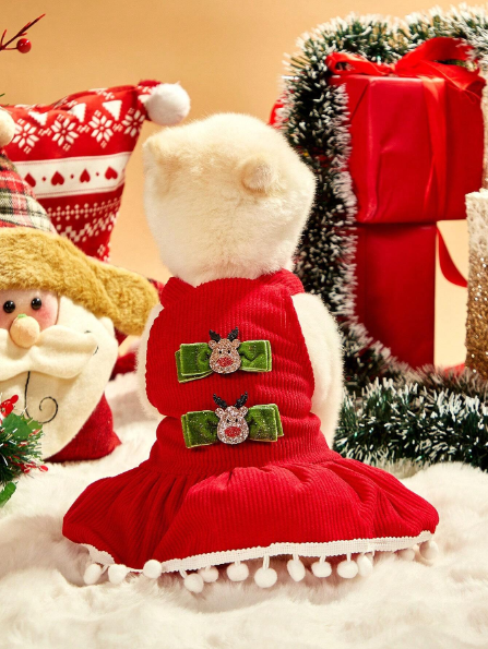 Vestido de reno decorado con corbata de lazo de pompon rojo de pana para mascota