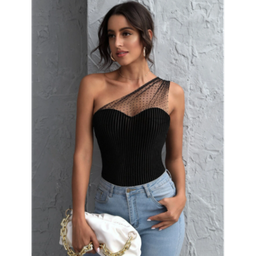 Blusa Top De Terciopelo Tejido De Canalé Con Malla Con Un Hombro